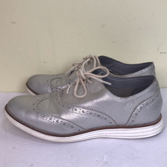 Cole Haan Original Grand Wingtip Oxford Shoes Leather Silver Gray Metallic Comfy - Picture 4 of 14